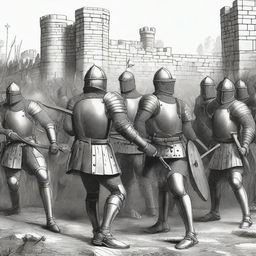 A black and white illustration of a group of medieval sappers