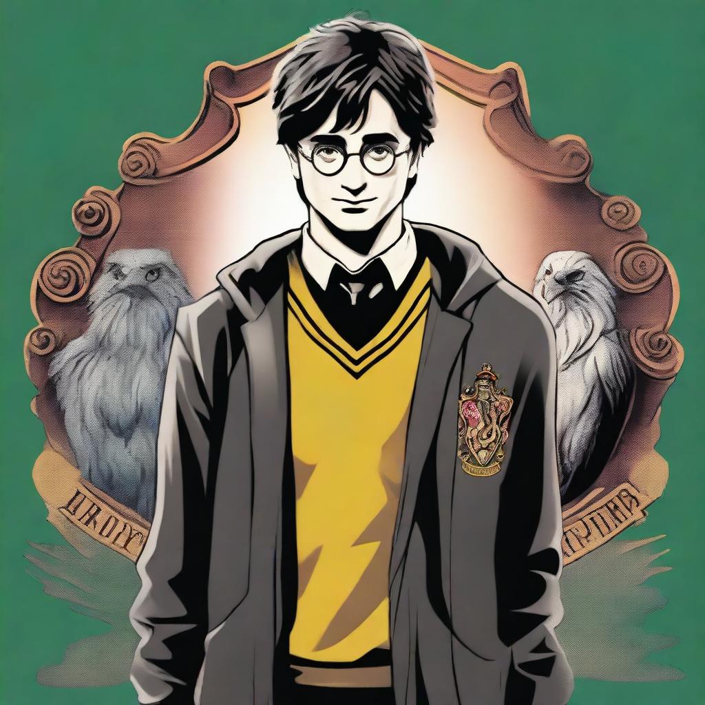 A detailed illustration of Harry Potter standing confidently with his wand