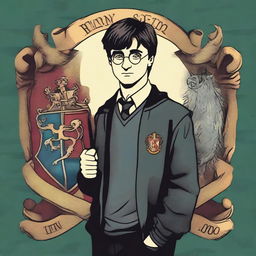 A detailed illustration of Harry Potter standing confidently with his wand