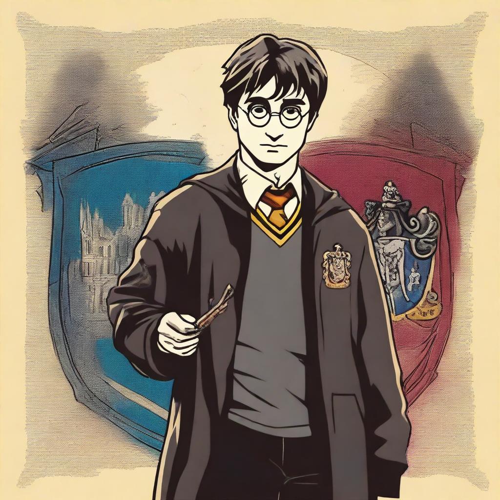 A detailed illustration of Harry Potter standing confidently with his wand