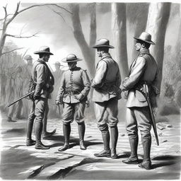 A black and white illustration of a group of colonial infantry sappers