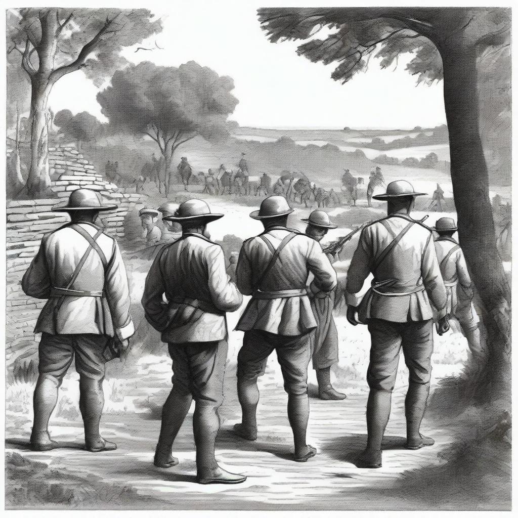 A black and white illustration of a group of colonial infantry sappers