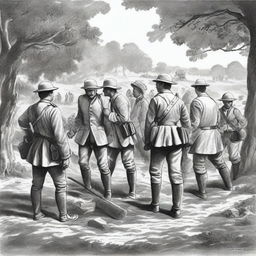 A black and white illustration of a group of colonial infantry sappers