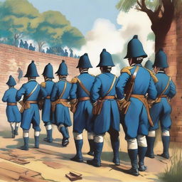 An illustration of a group of colonial infantry sappers wearing bluecoats