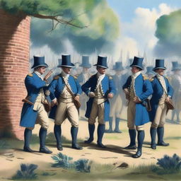 An illustration of a group of colonial infantry sappers wearing bluecoats