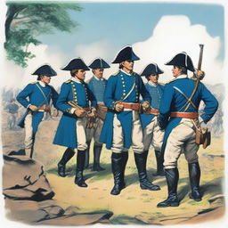 An illustration of a group of colonial infantry sappers wearing bluecoats