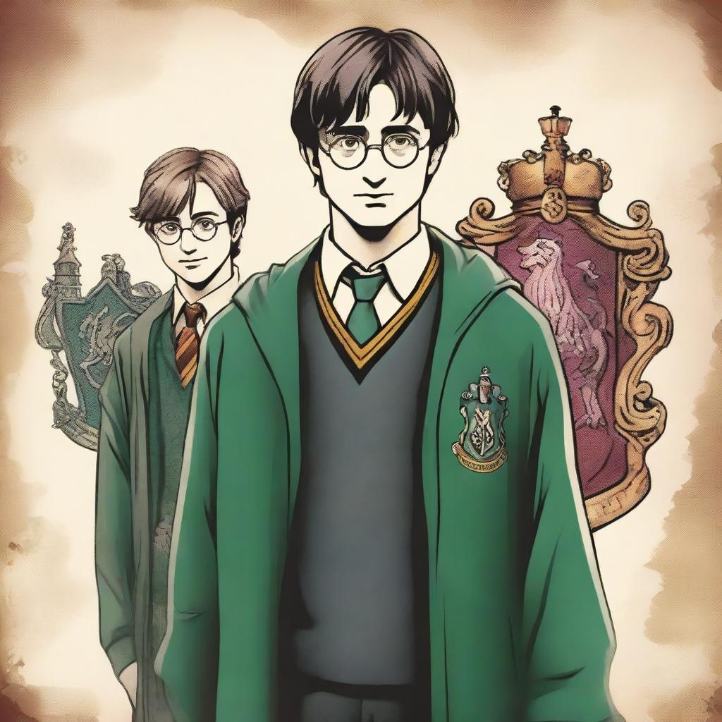 A detailed illustration of Harry Potter standing confidently with his wand