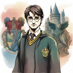 A detailed illustration of Harry Potter standing confidently with his wand