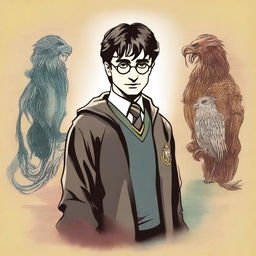 A detailed illustration of Harry Potter standing confidently with his wand