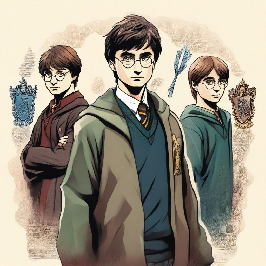 A detailed illustration of Harry Potter standing confidently with his wand