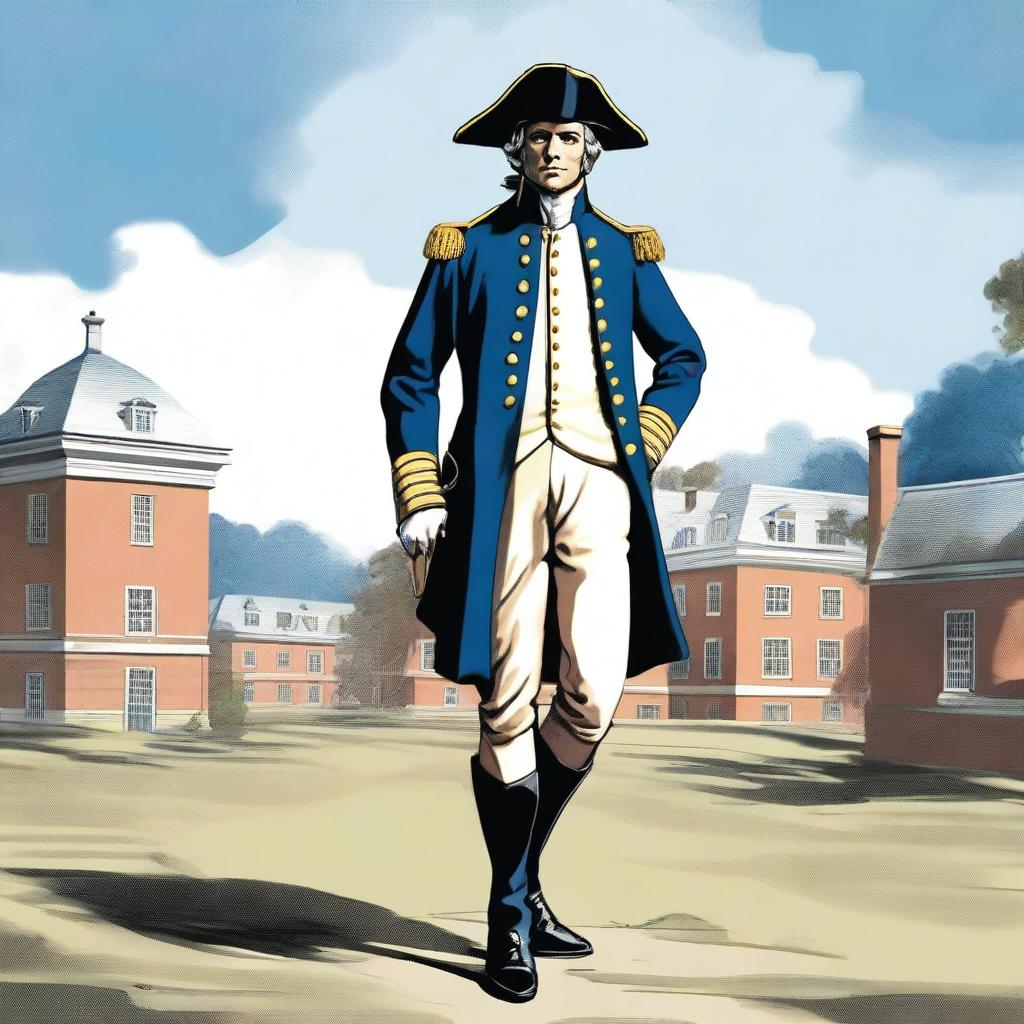 An illustration of a colonial lieutenant wearing a bluecoat