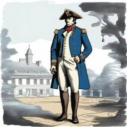 An illustration of a colonial lieutenant wearing a bluecoat