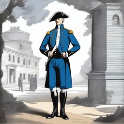 An illustration of a colonial lieutenant wearing a bluecoat