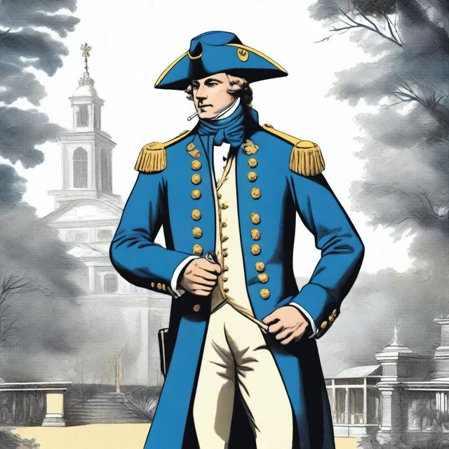 An illustration of a colonial lieutenant wearing a bluecoat