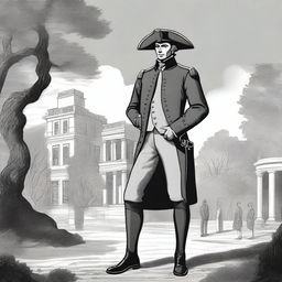 An illustration of a colonial lieutenant wearing a dark grey coat