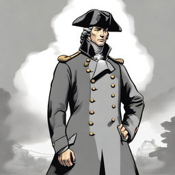 An illustration of a colonial lieutenant wearing a dark grey coat