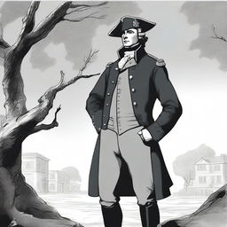 An illustration of a colonial lieutenant wearing a dark grey coat