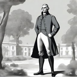 An illustration of a colonial lieutenant wearing a dark grey coat