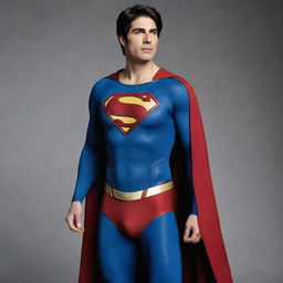 Actor Brandon Routh in the iconic Superman costume, striking a heroic pose