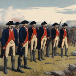 Illustration of a group of colonial infantry wearing dark blue coats lined with red