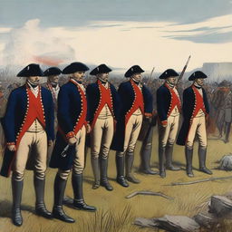 Illustration of a group of colonial infantry wearing dark blue coats lined with red