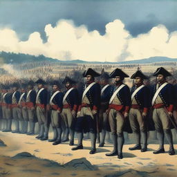 Illustration of a group of colonial infantry wearing dark blue coats lined with red