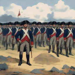 Illustration of a group of colonial infantry wearing dark blue coats lined with red