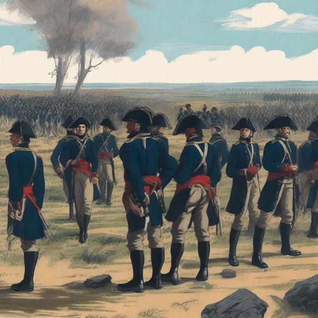 Illustration of a group of colonial infantry wearing dark blue coats lined with red