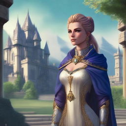 Lady Elara Windrider, the benevolent ruler of Windale, stands in her regal attire, looking wise and kind but with a troubled expression