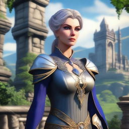 Lady Elara Windrider, the benevolent ruler of Windale, stands in her regal attire, looking wise and kind but with a troubled expression