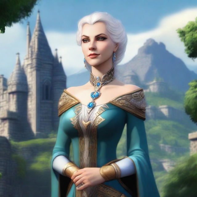 Lady Elara Windrider, the benevolent ruler of Windale, stands in her regal attire, looking wise and kind but with a troubled expression