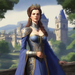 Lady Elara Windrider, the benevolent ruler of Windale, stands in her regal attire, looking wise and kind but with a troubled expression