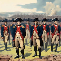 Illustration of a squadron of colonial infantry wearing dark blue coats lined with red