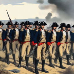 Illustration of a squadron of colonial infantry wearing dark blue coats lined with red