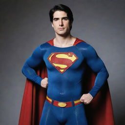 Actor Brandon Routh in the iconic Superman costume, striking a heroic pose