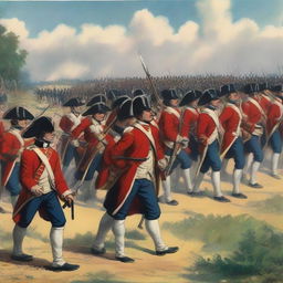 Illustration of a squadron of colonial infantry wearing dark blue coats lined with red