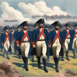 Illustration of a squadron of colonial infantry wearing dark blue coats lined with red