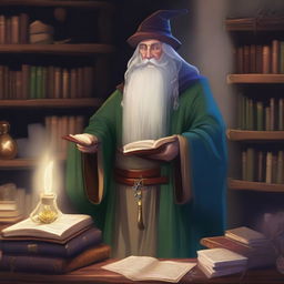 Arion the Sage, an old and knowledgeable wizard, stands in his study surrounded by ancient tomes and mystical artifacts