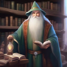 Arion the Sage, an old and knowledgeable wizard, stands in his study surrounded by ancient tomes and mystical artifacts