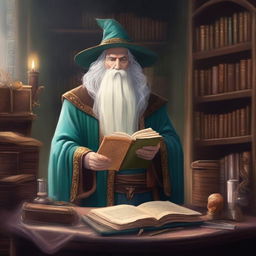 Arion the Sage, an old and knowledgeable wizard, stands in his study surrounded by ancient tomes and mystical artifacts