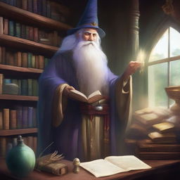 Arion the Sage, an old and knowledgeable wizard, stands in his study surrounded by ancient tomes and mystical artifacts