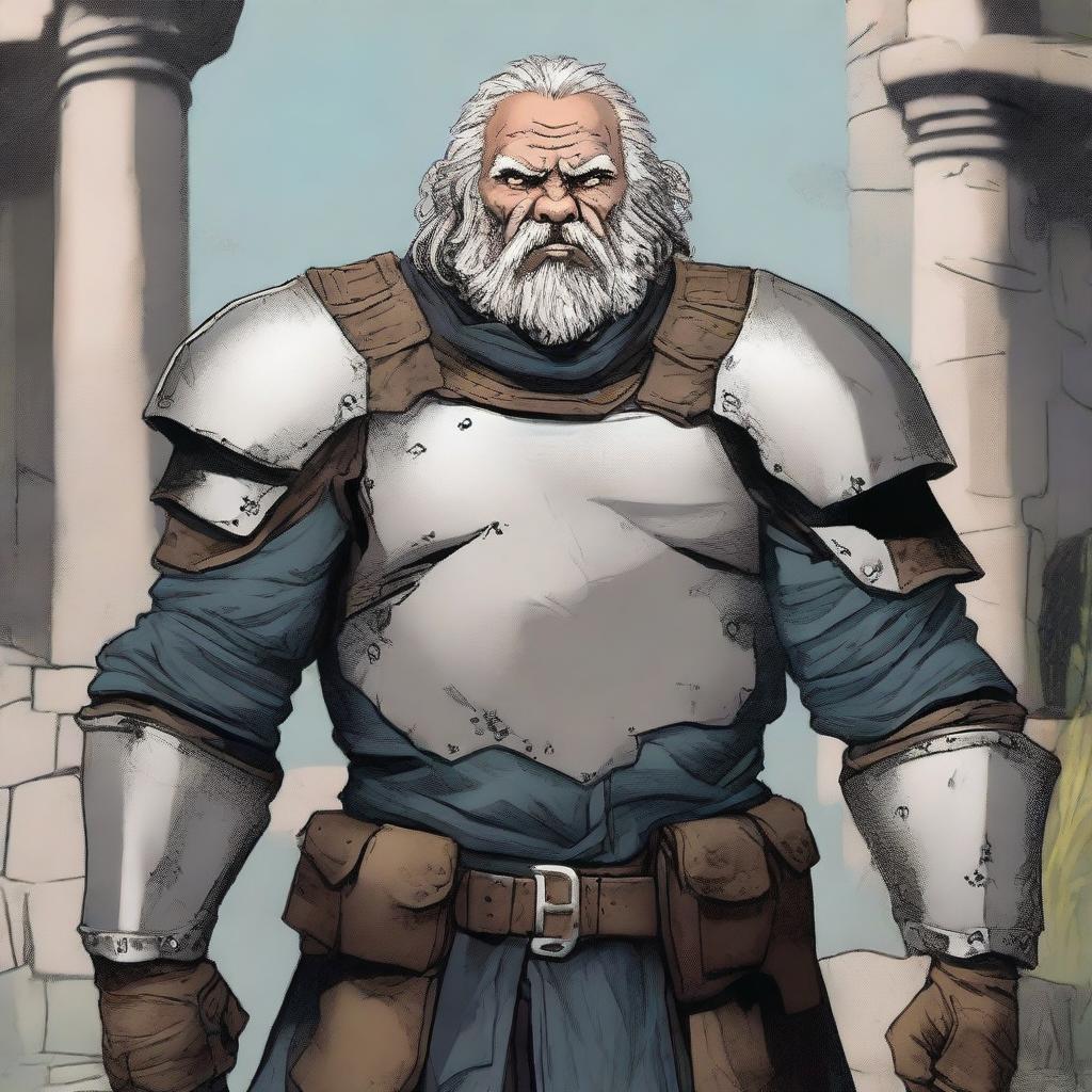 Captain Thorne, the grizzled leader of Windale’s guard, stands in his armor with a stern expression