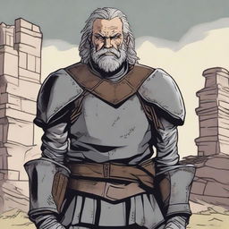 Captain Thorne, the grizzled leader of Windale’s guard, stands in his armor with a stern expression