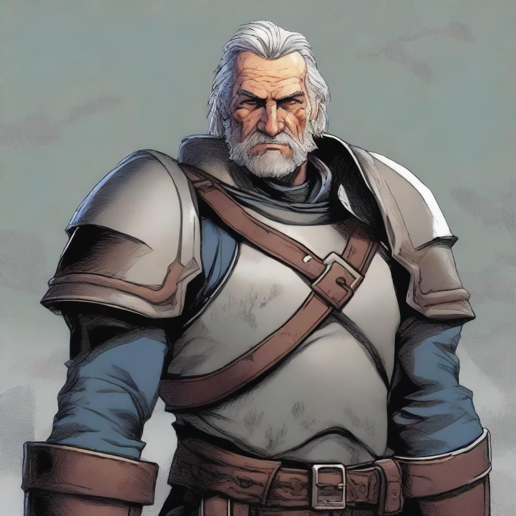 Captain Thorne, the grizzled leader of Windale’s guard, stands in his armor with a stern expression