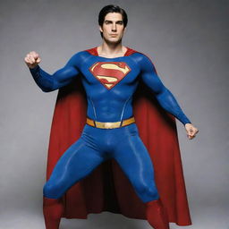 Actor Brandon Routh in the iconic Superman costume, striking a heroic pose