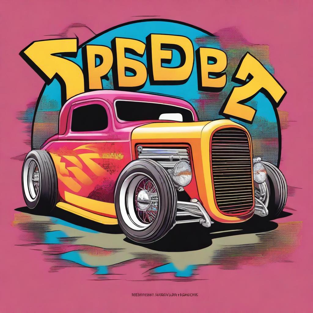 A vibrant and edgy t-shirt design featuring a classic rat rod car with exaggerated features