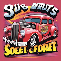 A vibrant and edgy t-shirt design featuring a classic rat rod car with exaggerated features