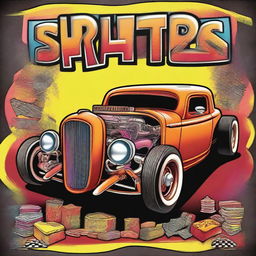 A vibrant and edgy t-shirt design featuring a classic rat rod car with exaggerated features