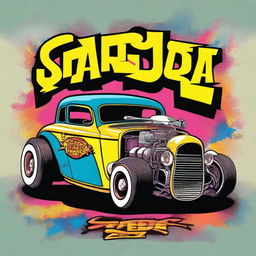 A vibrant and edgy t-shirt design featuring a classic rat rod car with exaggerated features