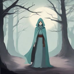 Lyra the Wanderer, a mysterious traveler, stands at a crossroads with a cloak that partially hides her face